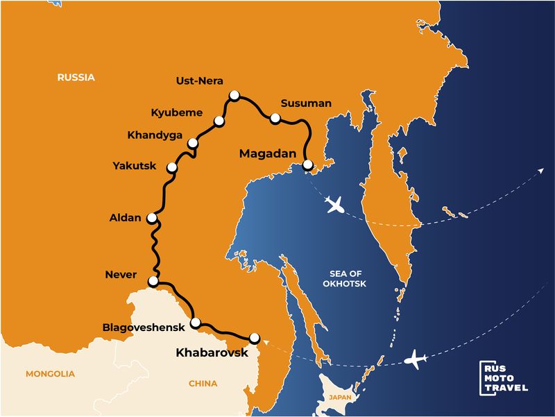 magadan Road of Bones Tour Map Motorcycle Tour